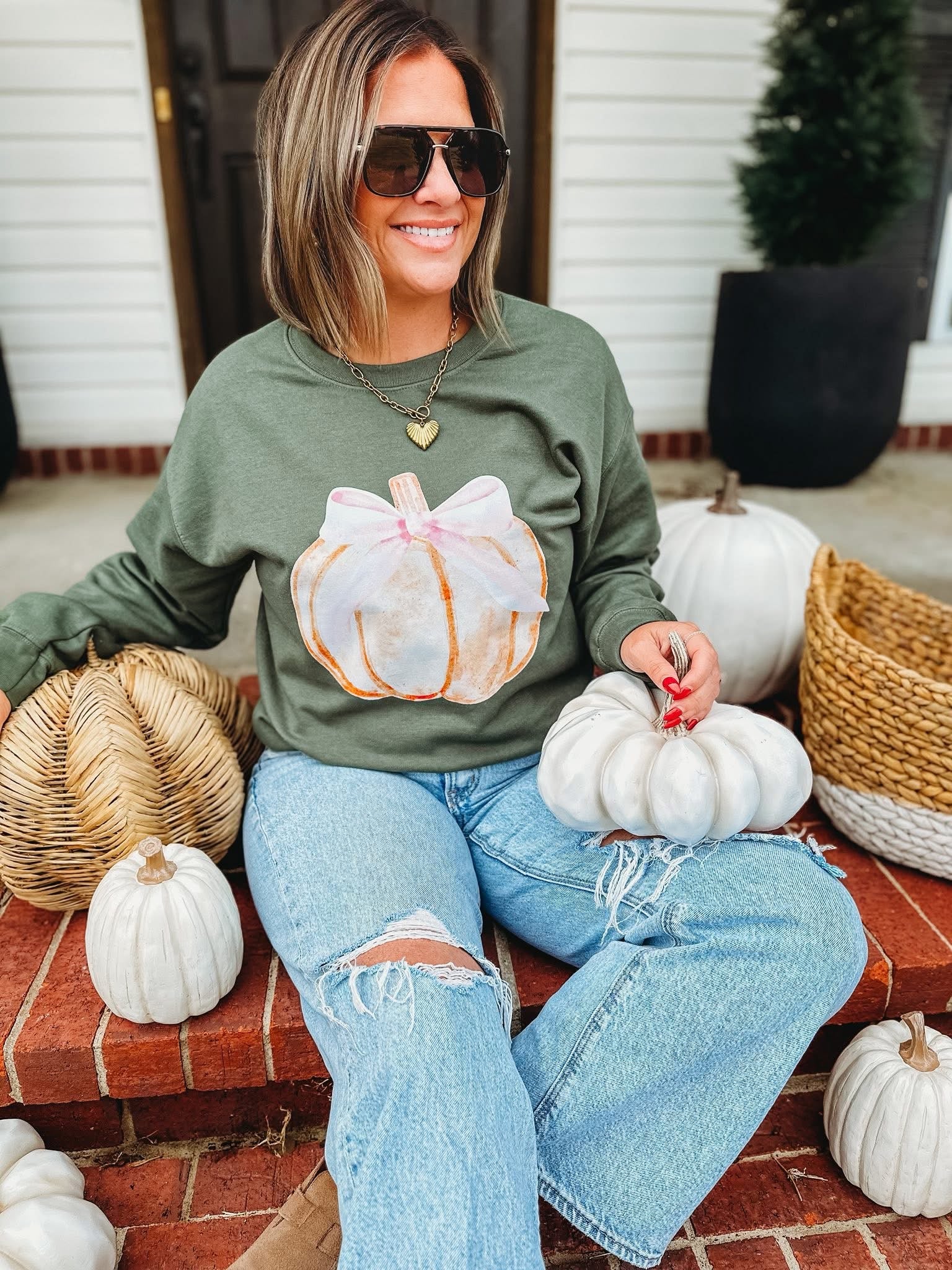 Pumpkin Bow Sweatshirt: Olive