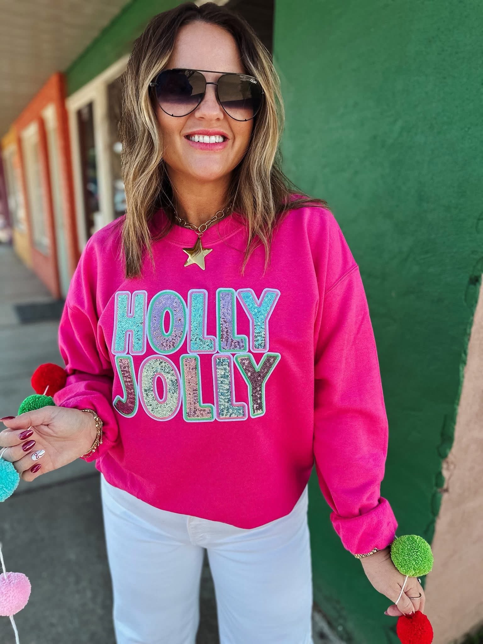 Sequin Holly Jolly Sweatshirt: Pink