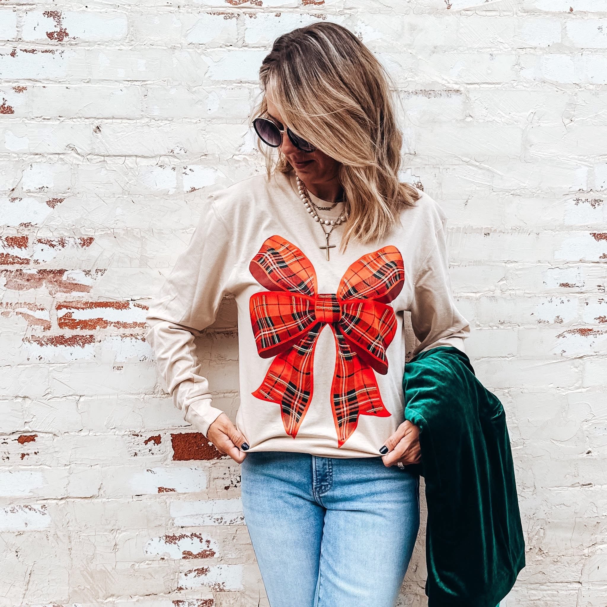 Plaid Bow LS Tee: Cream