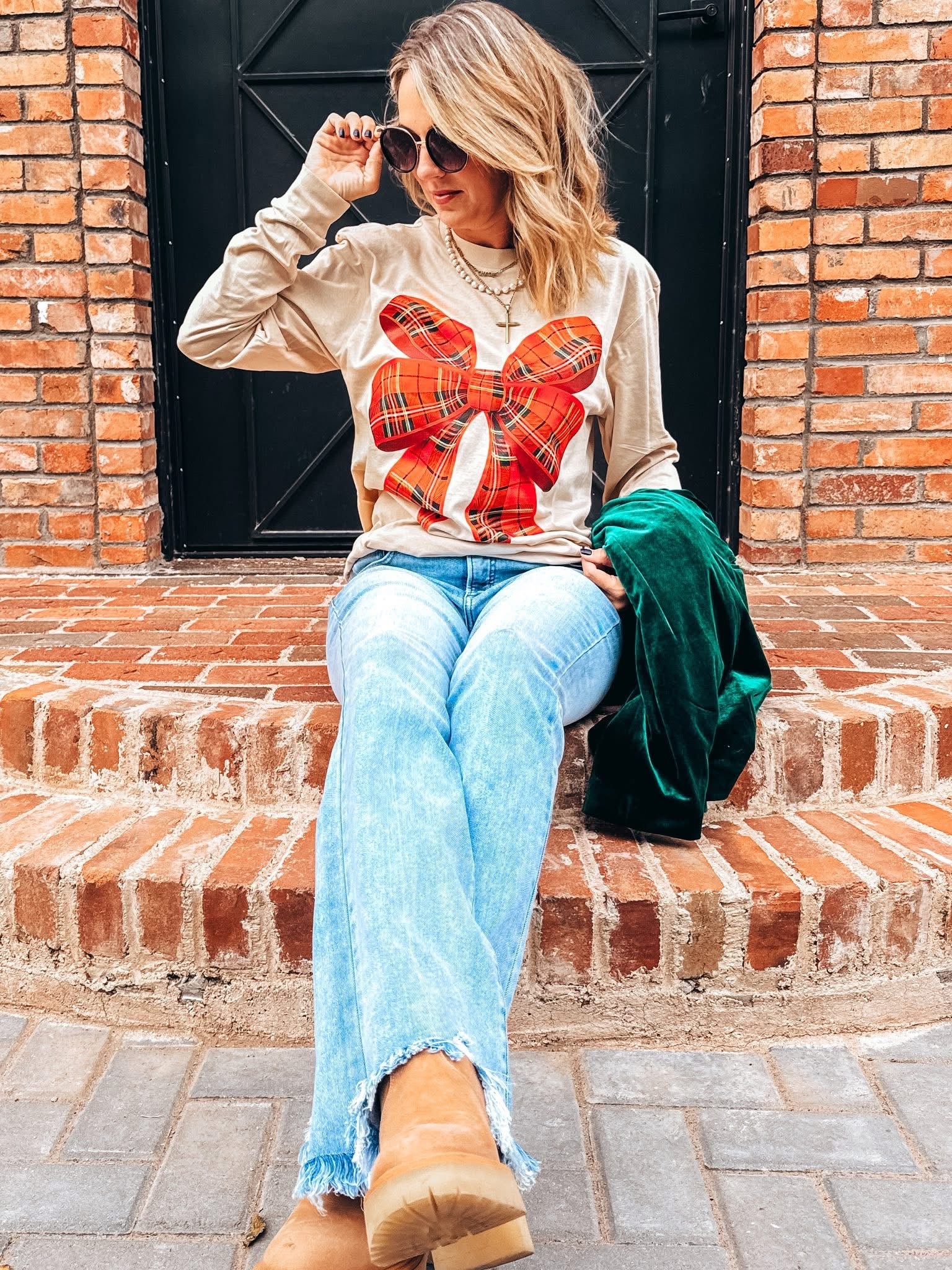 Plaid Bow LS Tee: Cream