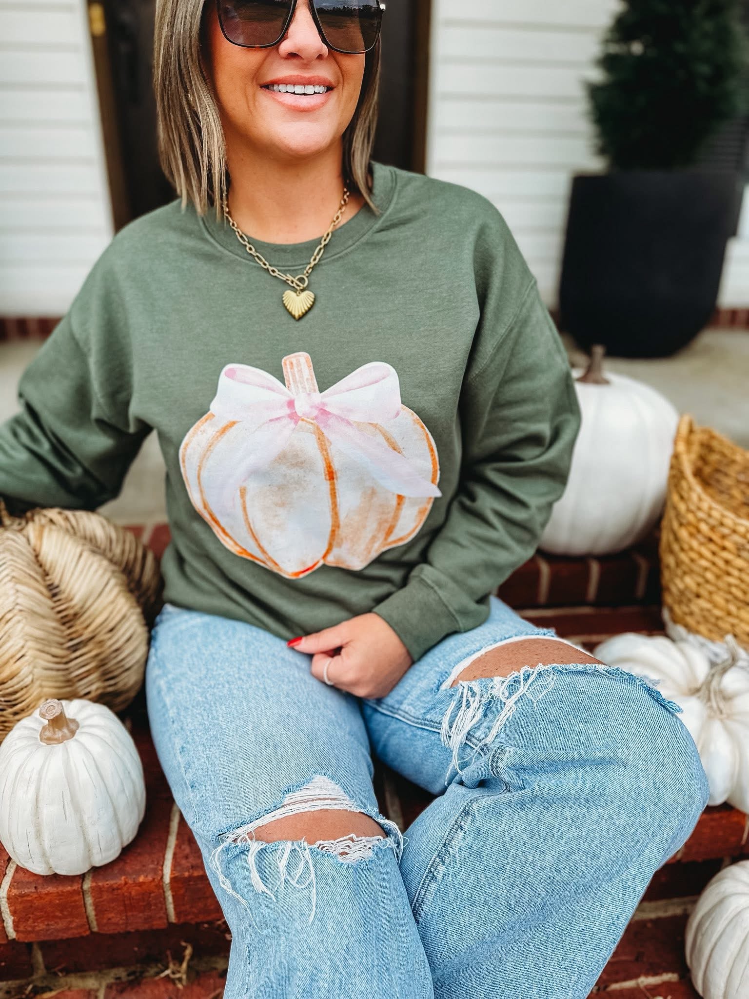 Pumpkin Bow Sweatshirt: Olive