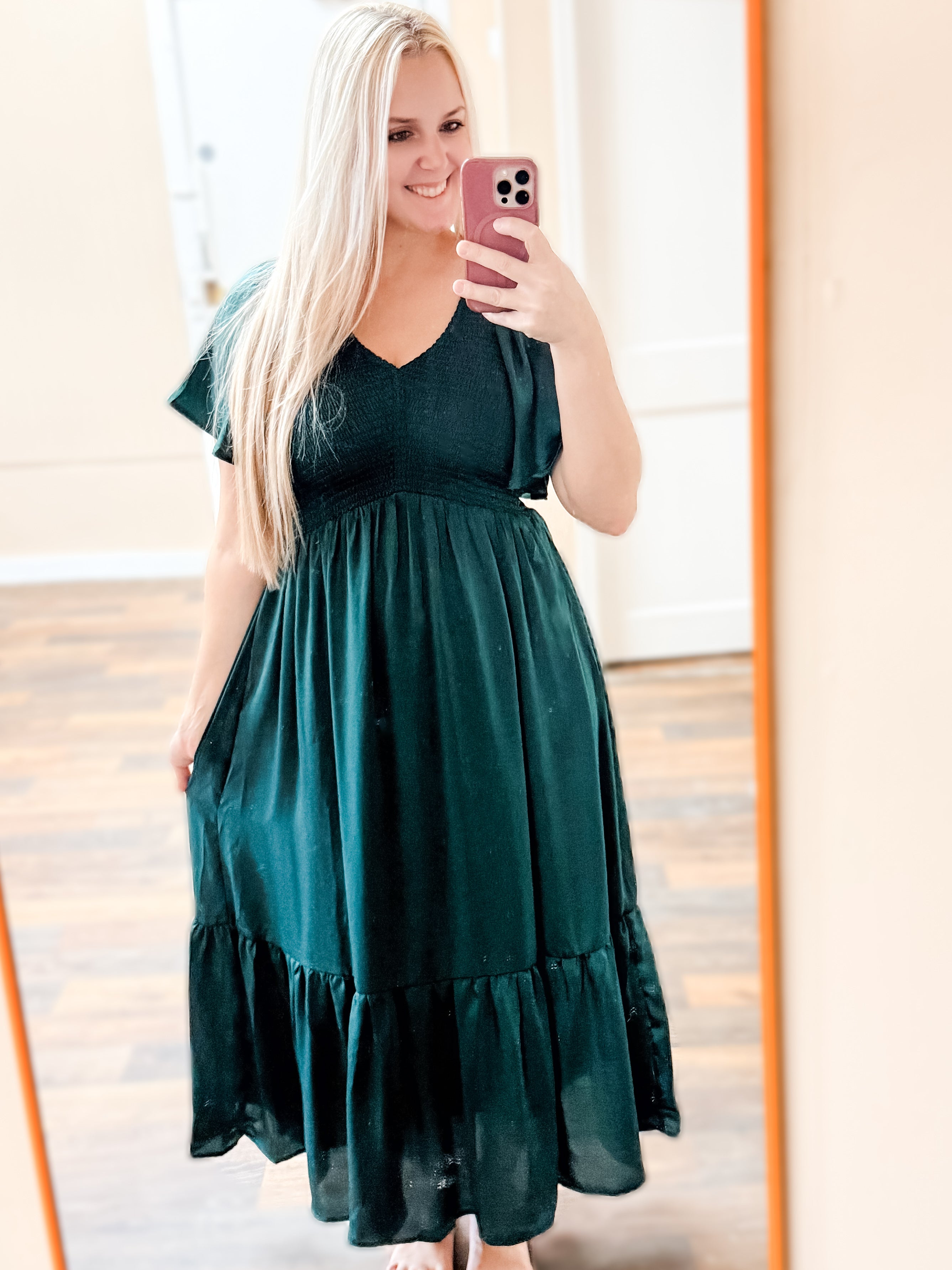 Polished Uptown Smocked Dress: Hunter Green