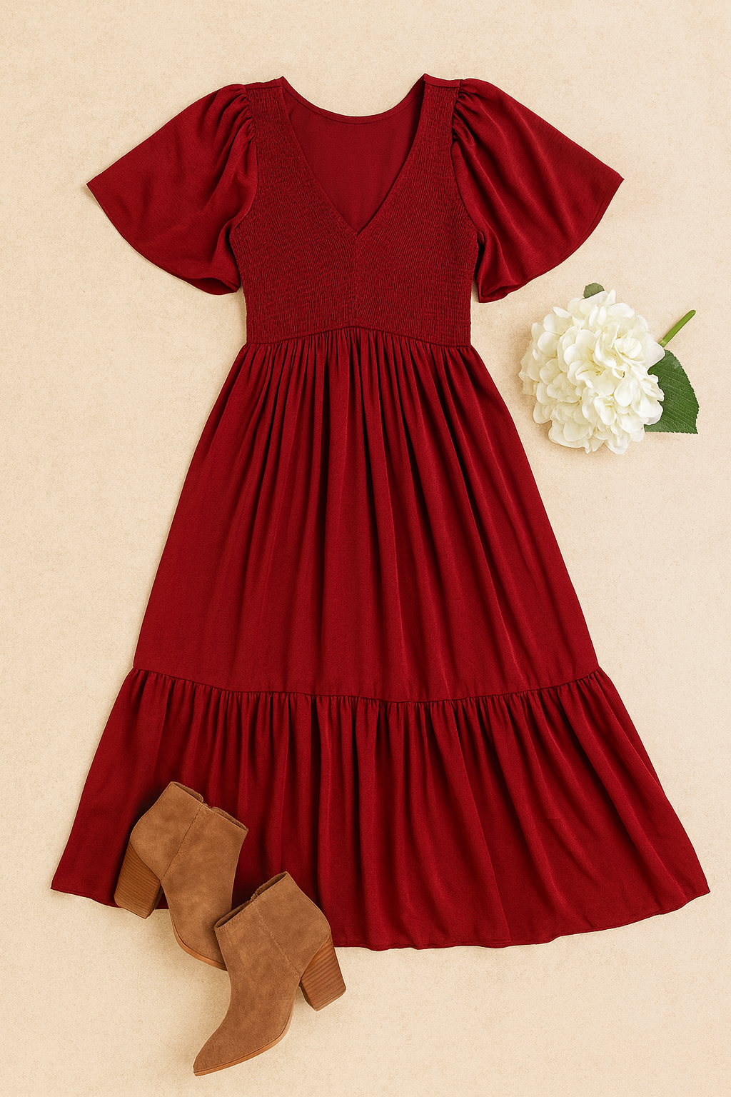 Polished Uptown Smocked Dress: Wine