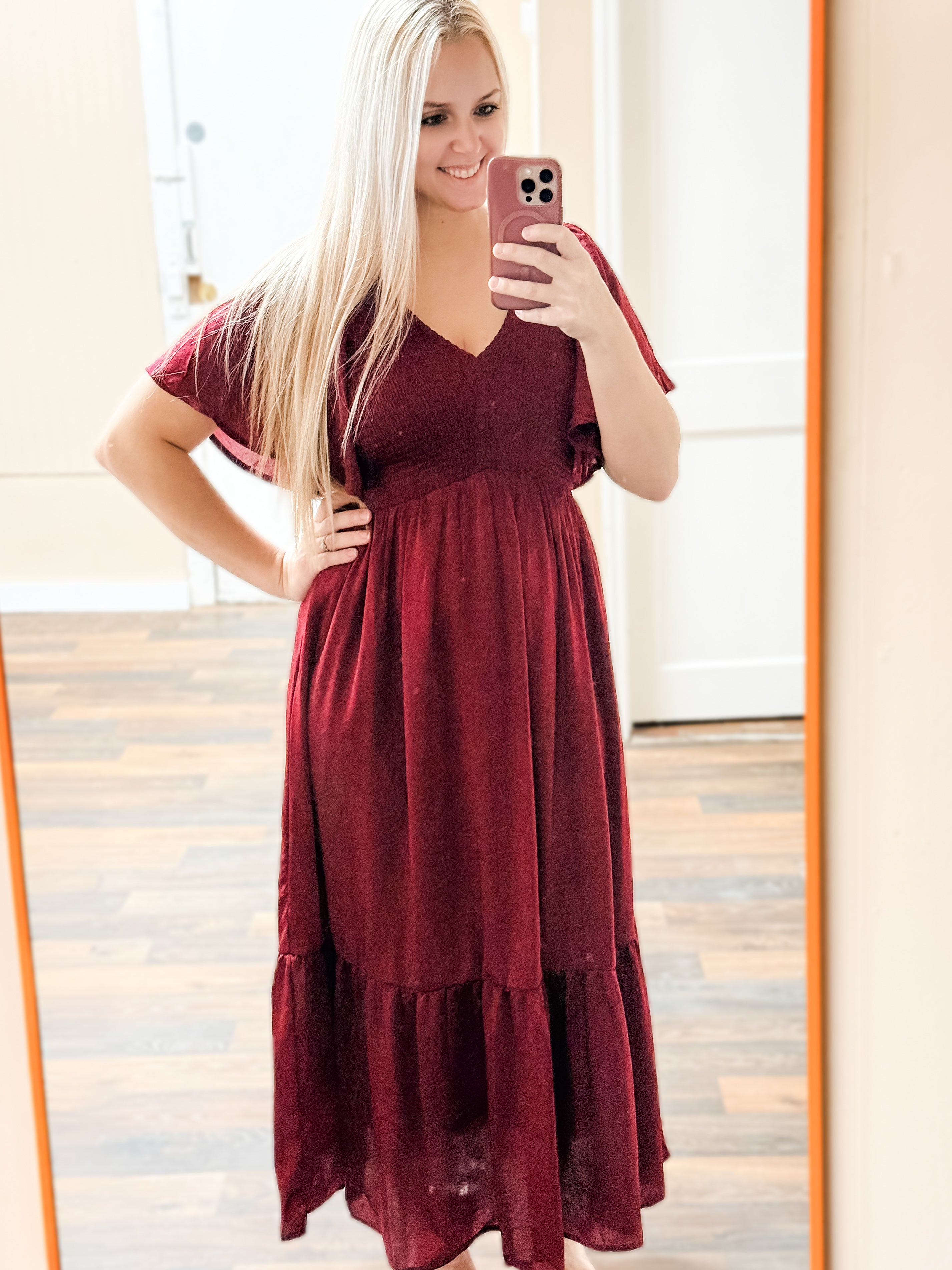 Polished Uptown Smocked Dress: Wine