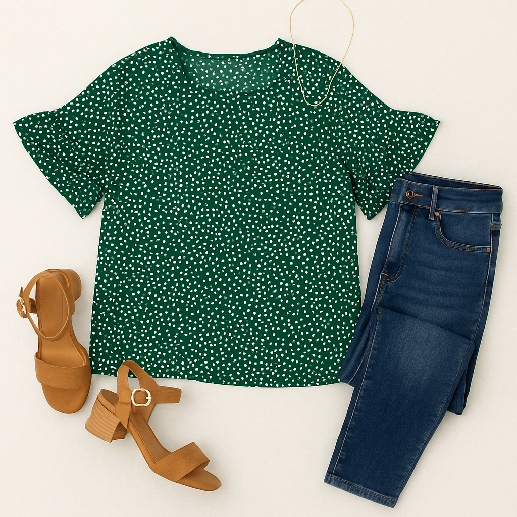 Uptown Ease Flare Sleeve Top: Spotted