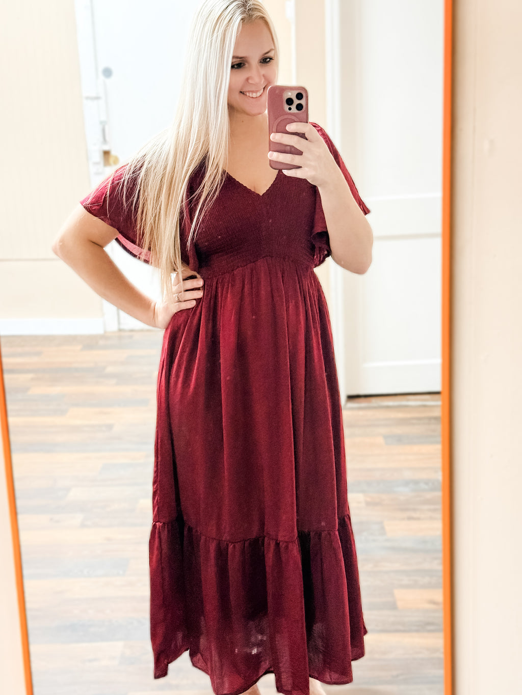 Polished Uptown Smocked Dress: Wine
